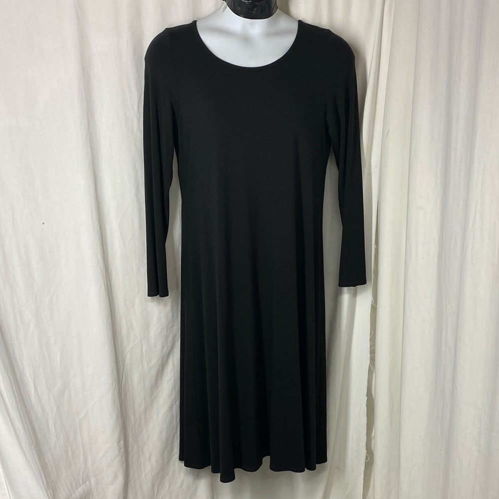 Eileen Fisher L Back Keyhole Black Long Calf Length Dress Viscose Knit